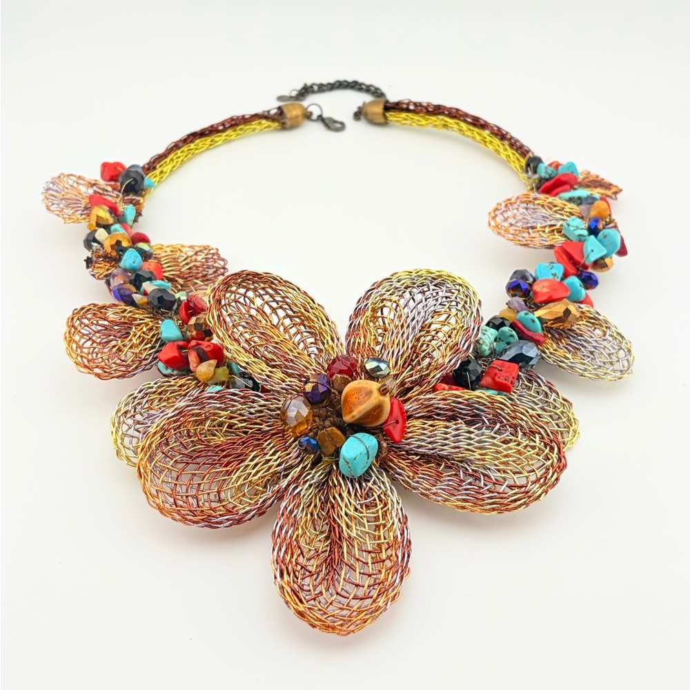 Vintage UNICA Crocheted Wire, Stone Gold Blossom Necklace